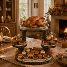 Load image into Gallery viewer, Wood Slice Food Display Stand 4 Tier Engraved Rustic Dessert stand, Personalised wooden cupcake Dessert Display
