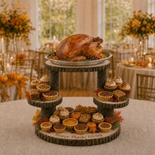 Load image into Gallery viewer, Wood Slice Food Display Stand 4 Tier Engraved Rustic Dessert stand, Personalised wooden cupcake Dessert Display
