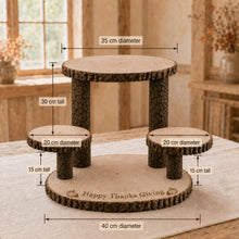 Load image into Gallery viewer, Wood Slice Food Display Stand 4 Tier Engraved Rustic Dessert stand, Personalised wooden cupcake Dessert Display
