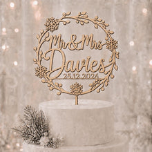 Load image into Gallery viewer, Personalised Wooden Winter Wedding Cake Topper – Rustic Snowflake Mr &amp; Mrs Design, Custom Wedding Cake Topper
