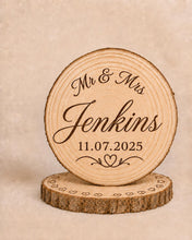 Load image into Gallery viewer, Personalised Rustic wood slice Cake Topper / Keepsake wood log Keepsake
