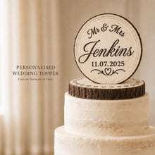 Load image into Gallery viewer, Personalised Rustic wood slice Cake Topper / Keepsake wood log Keepsake
