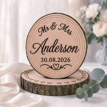 Load image into Gallery viewer, Personalised Rustic wood slice Cake Topper / Keepsake wood log Keepsake
