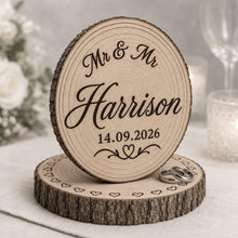 Load image into Gallery viewer, Personalised Rustic wood slice Cake Topper / Keepsake wood log Keepsake

