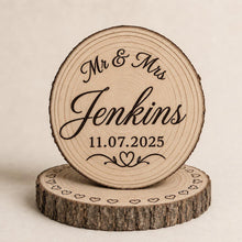 Load image into Gallery viewer, Personalised Rustic wood slice Cake Topper / Keepsake wood log Keepsake
