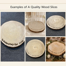 Load image into Gallery viewer, Personalised log Slice Cake Stand, XXL size- Engraved Rustic wooden Wedding Display stand, Personalized Engraved log, Boho Dessert Board
