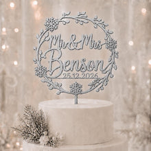Load image into Gallery viewer, Personalised Wooden Winter Wedding Cake Topper – Rustic Snowflake Mr &amp; Mrs Design, Custom Wedding Cake Topper

