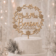 Load image into Gallery viewer, Personalised Wooden Winter Wedding Cake Topper – Rustic Snowflake Mr &amp; Mrs Design, Custom Wedding Cake Topper
