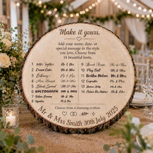 Load image into Gallery viewer, Personalised log Slice Cake Stand, XXL size- Engraved Rustic wooden Wedding Display stand, Personalized Engraved log, Boho Dessert Board
