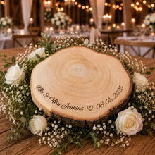 Load image into Gallery viewer, Personalised log Slice Cake Stand, XXL size- Engraved Rustic wooden Wedding Display stand, Personalized Engraved log, Boho Dessert Board
