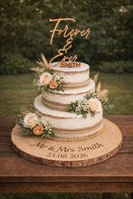 Load image into Gallery viewer, Personalised log Slice Cake Stand, XXL size- Engraved Rustic wooden Wedding Display stand, Personalized Engraved log, Boho Dessert Board
