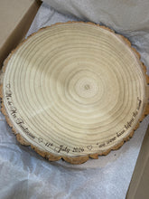 Load image into Gallery viewer, Personalised log Slice Cake Stand, XXL size- Engraved Rustic wooden Wedding Display stand, Personalized Engraved log, Boho Dessert Board
