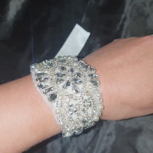 Load and play video in Gallery viewer, Vintage Crystal Bridal Wrist Cuff Bracelet – Art Deco Great Gatsby Wedding Jewelry, Ivory Pearl Rhinestone Bride Accessory
