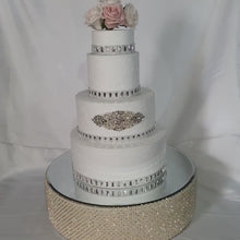Load and play video in Gallery viewer, Pearl &amp; Real Crystal Wedding Cake Stand | Custom Size Pearl Cake Stand | Luxury Wedding Dessert Display Stand
