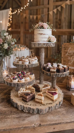 Personalized Log Slice Cake Stand, Stepped 3,4,or 5 Tier Engraved Rustic Wedding stand, Personalised wooden cupcake Dessert Display