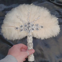 Load and play video in Gallery viewer, Ostrich Feather Fan Wedding Bouquet: Rhinestone &amp; Pearl Detail
