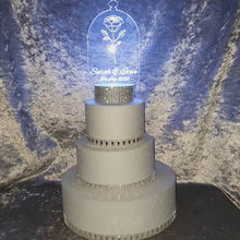 Load and play video in Gallery viewer, LED Wedding Cake topper - rose design, Engraved Acrylic light-up by Crystal wedding uk
