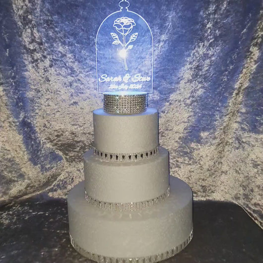 LED Wedding Cake topper - rose design, Engraved Acrylic light-up by Crystal wedding uk