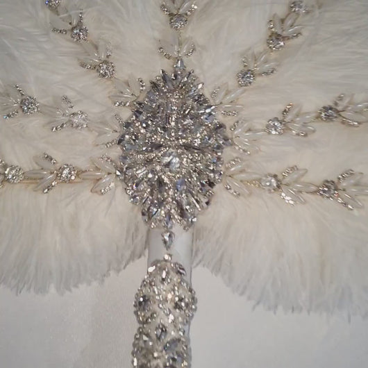Ostrich Feather Fan Bouquet – Silver Crystal Rhinestone, Gatsby Wedding