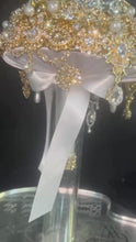Load and play video in Gallery viewer, Gold Crystal Brooch Bouquet, Gatsby Style Wedding Cascade
