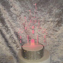 Load and play video in Gallery viewer, Personalized Fairy Tale Castle Cake topper - Acrylic Castle,Engraved personalised with any wording LED light-up topper by Crystal wedding uk
