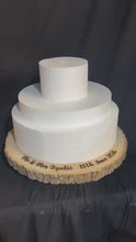 Load and play video in Gallery viewer, Personalized Wood Slice Cake Stand, Engraved Rustic Wedding Display stand, Personalised Engraved log Slice, Engagement Pedestal cake stand
