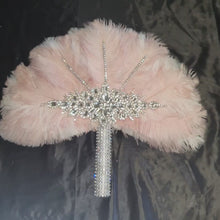 Load and play video in Gallery viewer, Blush Pink Ostrich Feather Bridal Fan – Luxury Wedding Hand Fan Bouquet Alternative – Gatsby Bridal Accessory
