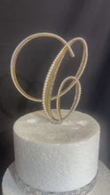 Load and play video in Gallery viewer, Pearl Rhinestone Letter Cake Topper: Gold Base Monogram Decor (6")
