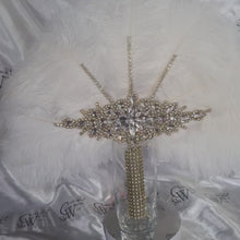 Load and play video in Gallery viewer, White Ostrich Feather Fan: Gold Rhinestone Crystal Wedding Bouquet
