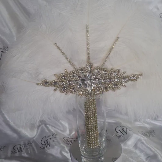 White Ostrich Feather Fan: Gold Rhinestone Crystal Wedding Bouquet