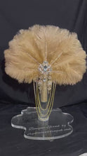 Load and play video in Gallery viewer, Gold Bridal Feather Fan Bouquet, 1920s Gatsby Rhinestone Brooch
