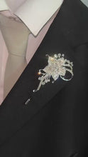 Load and play video in Gallery viewer, Crystal Flower Groom Boutonniere: Silver Wedding Lapel Pin
