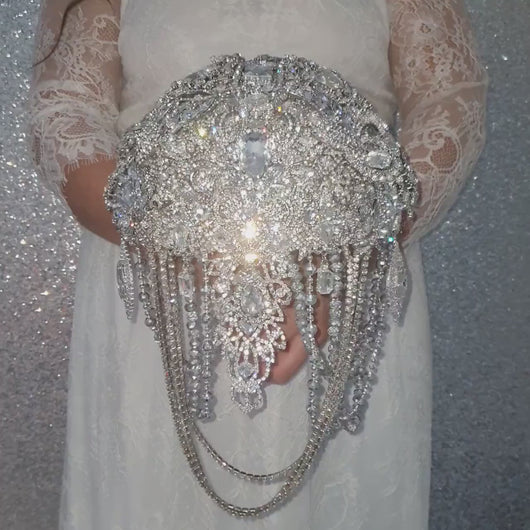 Crystal Brooch Wedding Bouquet: Handmade Rhinestone Jewel Cascade