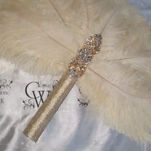 Load and play video in Gallery viewer, Ivory Feather Bridal Fan: Gatsby Wedding Bouquet with Rhinestones
