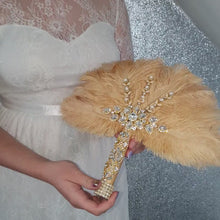 Load and play video in Gallery viewer, Feather Wedding Fan: Brides accessory wedding  bouquet 1920s Gatsby Bouquet Ostrich feather fhand fan
