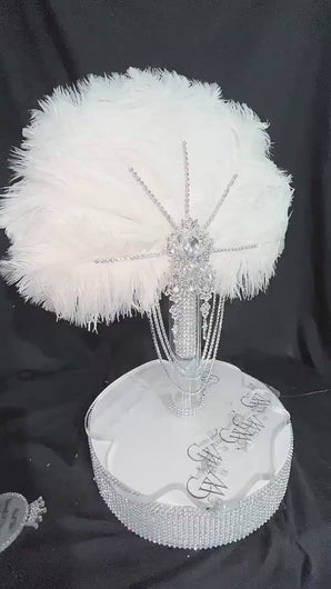 White Ostrich Feather Bridal Fan, Rhinestone Wedding Bouquet, 1920s Style