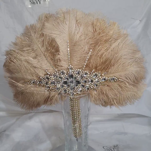 Vintage Champagne Ostrich Feather Bridal Fan: Rhinestone Crystal Handle