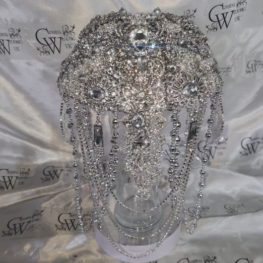 Silver Crystal Brooch Bridal Bouquet, 7-Inch Cascading Rhinestone Keepsake