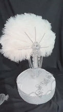 Load and play video in Gallery viewer, White Ostrich Feather Bridal Fan, Rhinestone Wedding Bouquet, 1920s Style
