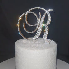 Load and play video in Gallery viewer, Crystal Letter Cake Topper – 6" tall Gold Clear Rhinestone Monogram, Luxury Wedding &amp; Anniversary Cake Decor
