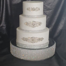 Load and play video in Gallery viewer, Cake Stand Mirror Top Wedding cake Display base Heavy Duty Rhinestone Cake Riser Glam Cake Stand Custom Wedding Decor Crystal cake holder
