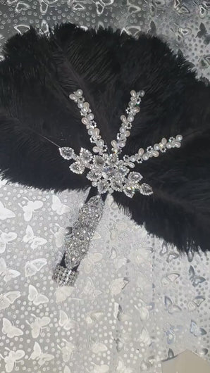 Black Ostrich Feather Fan Bridal Bouquet, Crystal Pearl Wedding Fan, Luxury Gothic Gatsby Bride Hand Fan, Alternative Wedding Bouquet