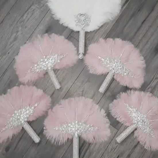 6pcs Feather Fan Bouquet Set, Ostrich feather Crystal Rhinestone Wedding Decor