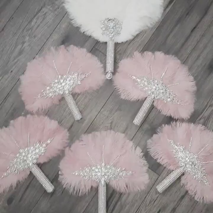 6pcs Feather Fan Bouquet Set, Ostrich feather Crystal Rhinestone Wedding Decor