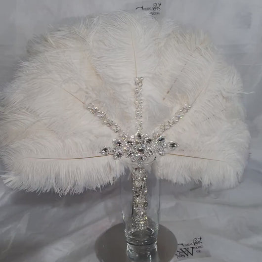 Ostrich Feather Fan Bouquet Set 4 pcs , Rhinestone Crystal Handle, 1920s Wedding