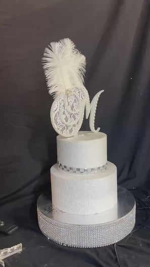 Pearl Monogram Cake Topper: Lace & Feather, Gatsby Style Initial (6")