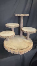 Load and play video in Gallery viewer, Personalized Log Slice Cake Stand, Stepped 3,4,or 5 Tier Engraved Rustic Wedding stand, Personalised wooden cupcake Dessert Display
