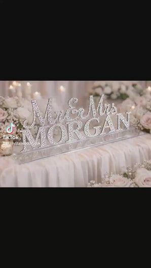 Mr & Mrs PLUS  last name Surname 8 LETTERS  standing wedding sign, bling name sign, rhinestone Swarovski Crystal Top table table sign