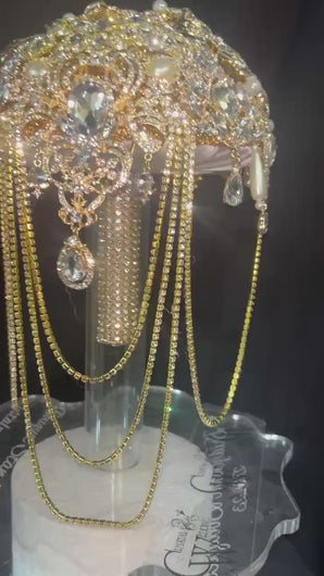 Gold Crystal Brooch Bridal Bouquet – Glam Art Deco Cascade, Handmade Luxury Wedding Bouquet