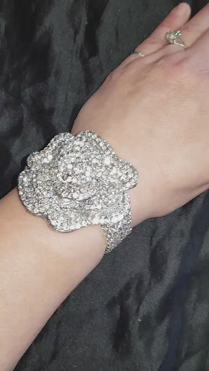 Crystal Rose Wedding Cuff Bracelet – Rhinestone Bridal Wrist Corsage, Sparkly Bridesmaid Cuff, Luxury Wedding Jewellery Gift